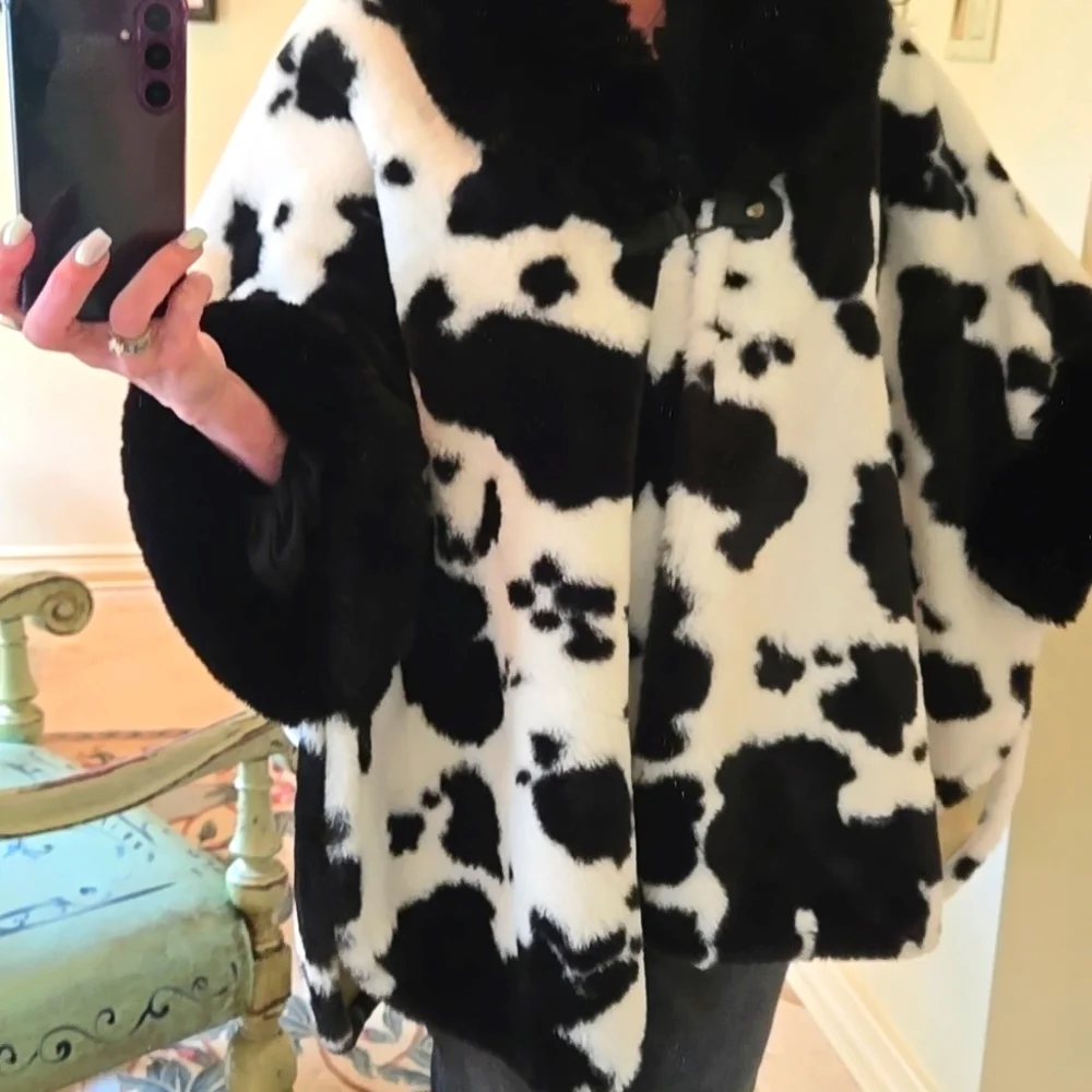Black And White Faux Fur Cape/Coat With Bat Wing Sleeves
